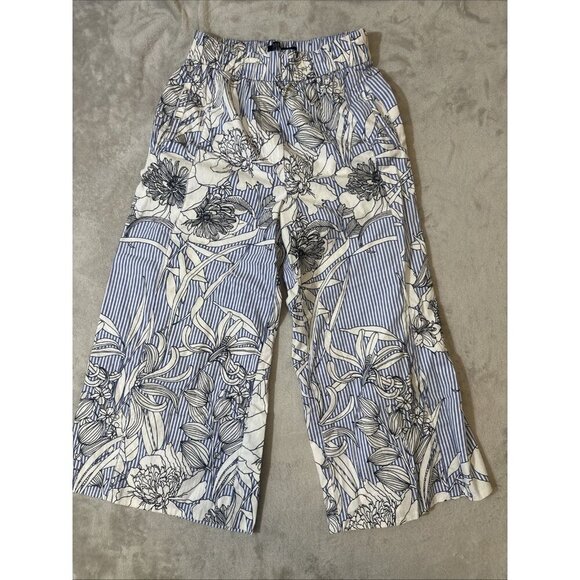 Zara Women’s Small Wide Leg Pants Blue White Stripe Floral Print Cropped - Picture 1 of 8